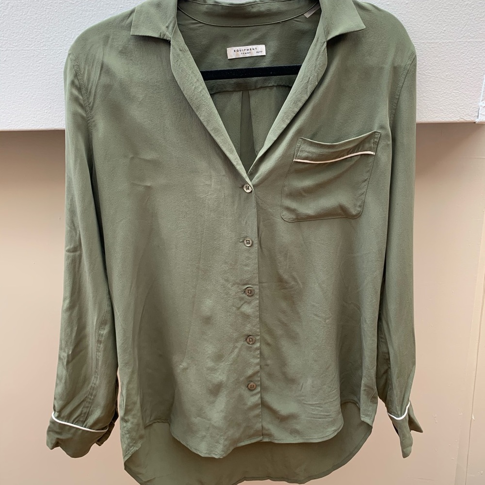 Equipment Silk Sage Green Pajama Style Shirt